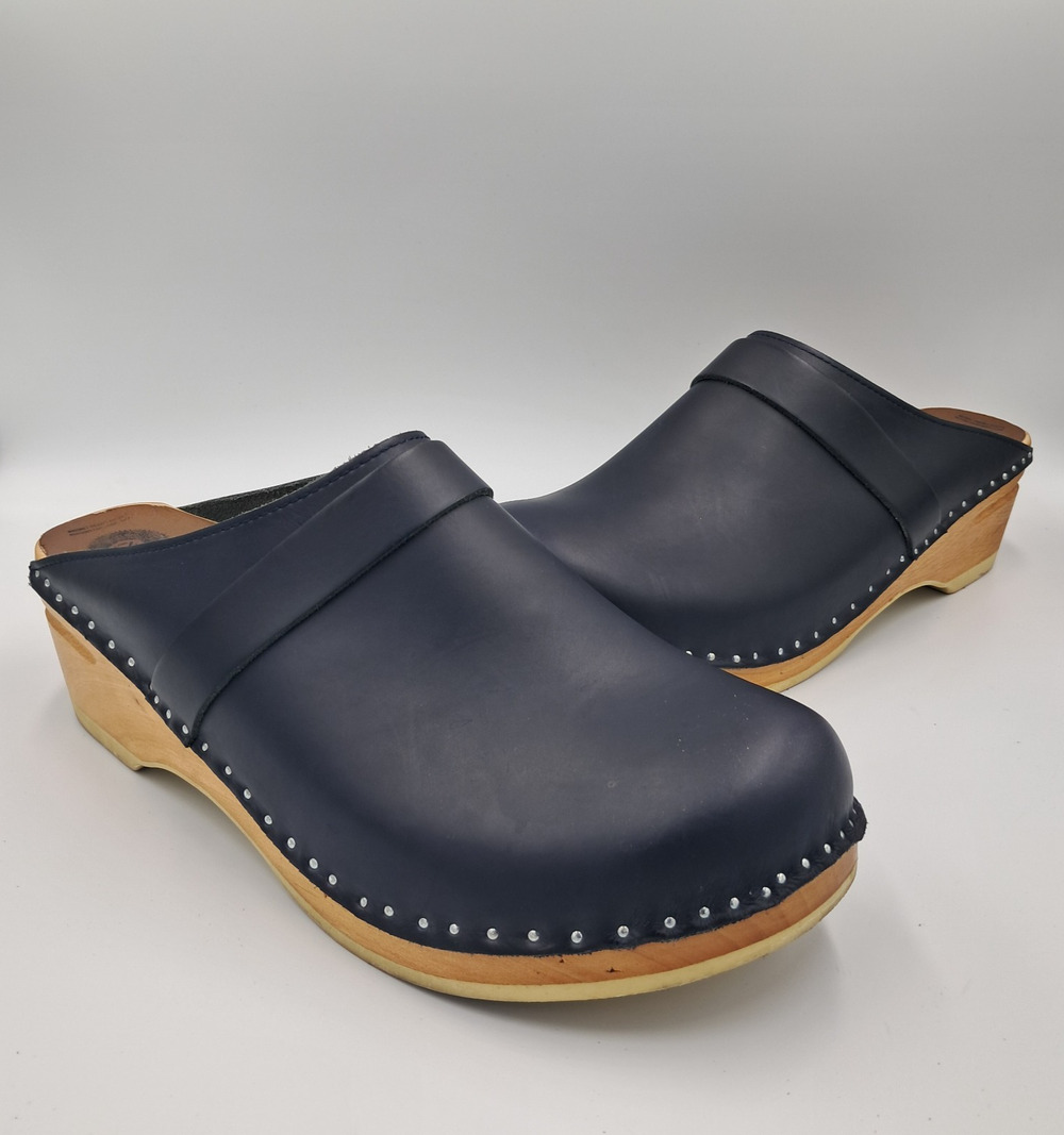 Size 45EU - Troentorp Rembrandt Clogs Leather Wooden Heel Da Vinci Dark Blue